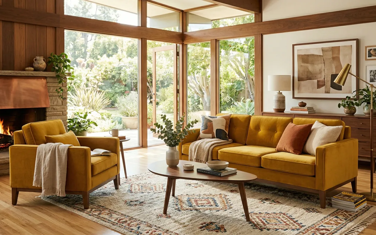 Velvet sofa chair in yellow upholstery