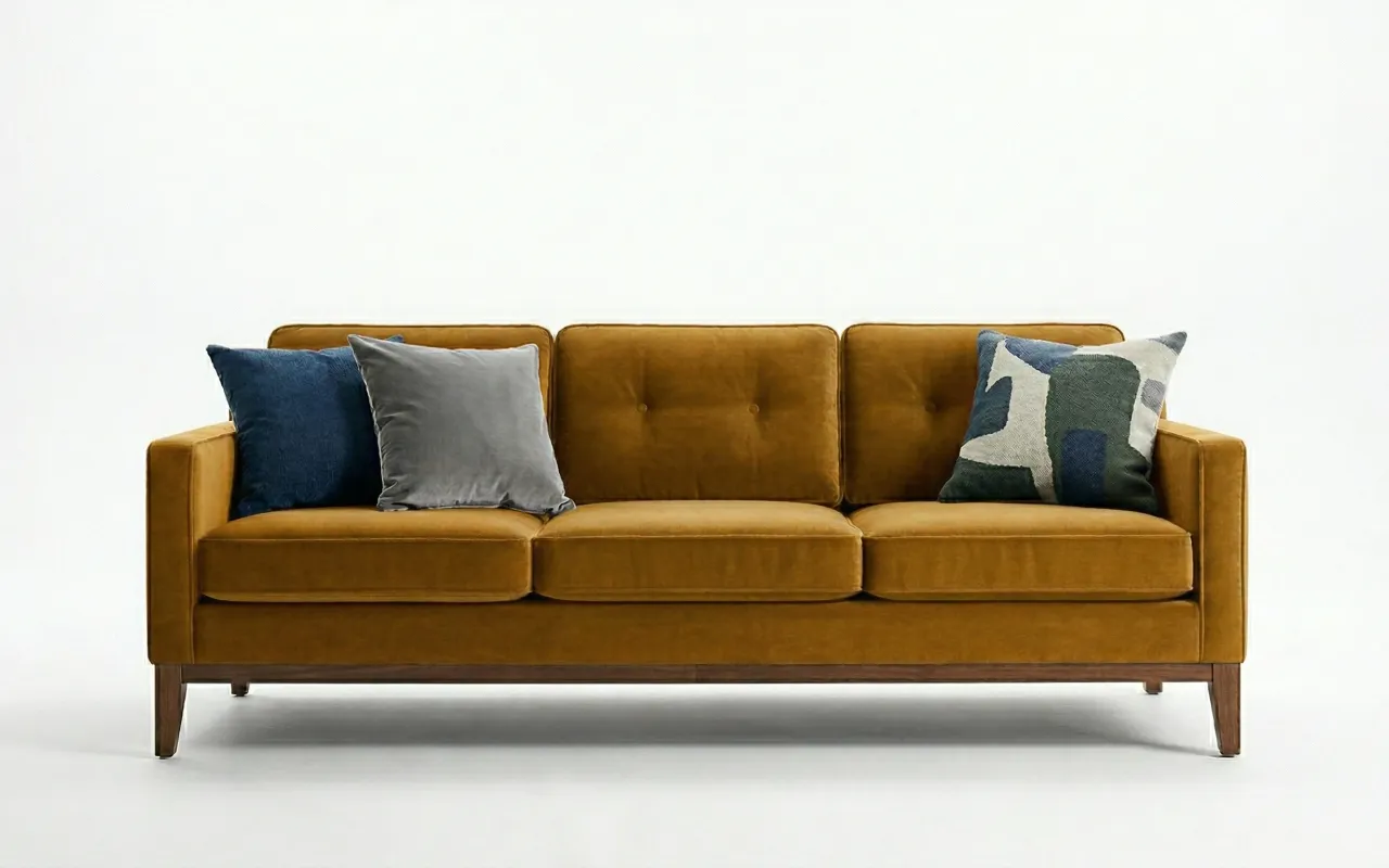 White sweep sofa in yellow velvet upholstery